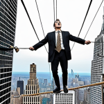 **

Prompt: *A person carefully balancing on a tightrope high above a bustling financial district, representing the risks and rewards of currency trading. The background includes stock charts and foreign currency symbols. Emphasize the feeling of both excitement and danger. Style: Digital art, slightly surreal.*

**