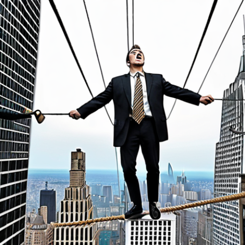 **

Prompt: *A person carefully balancing on a tightrope high above a bustling financial district, representing the risks and rewards of currency trading. The background includes stock charts and foreign currency symbols. Emphasize the feeling of both excitement and danger. Style: Digital art, slightly surreal.*

**