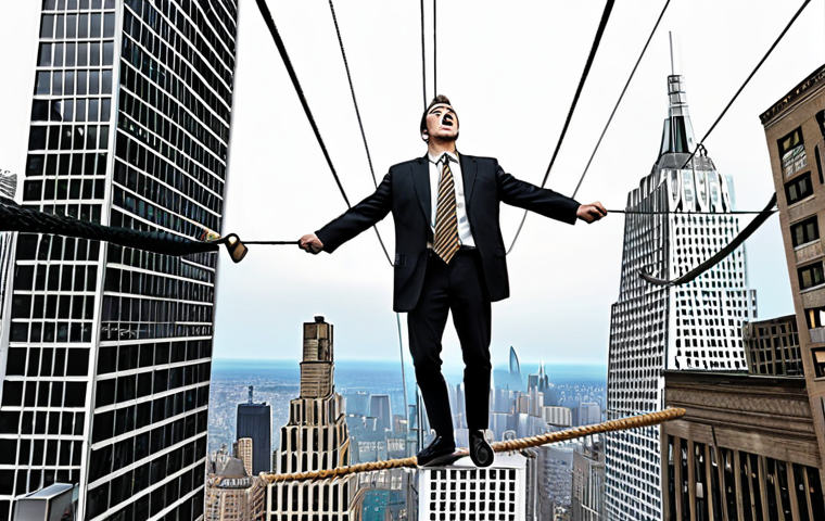 **
Prompt: *A person carefully balancing on a tightrope high above a bustling financial district, representing the risks and rewards of currency trading. The background includes stock charts and foreign currency symbols. Emphasize the feeling of both excitement and danger. Style: Digital art, slightly surreal.*
**